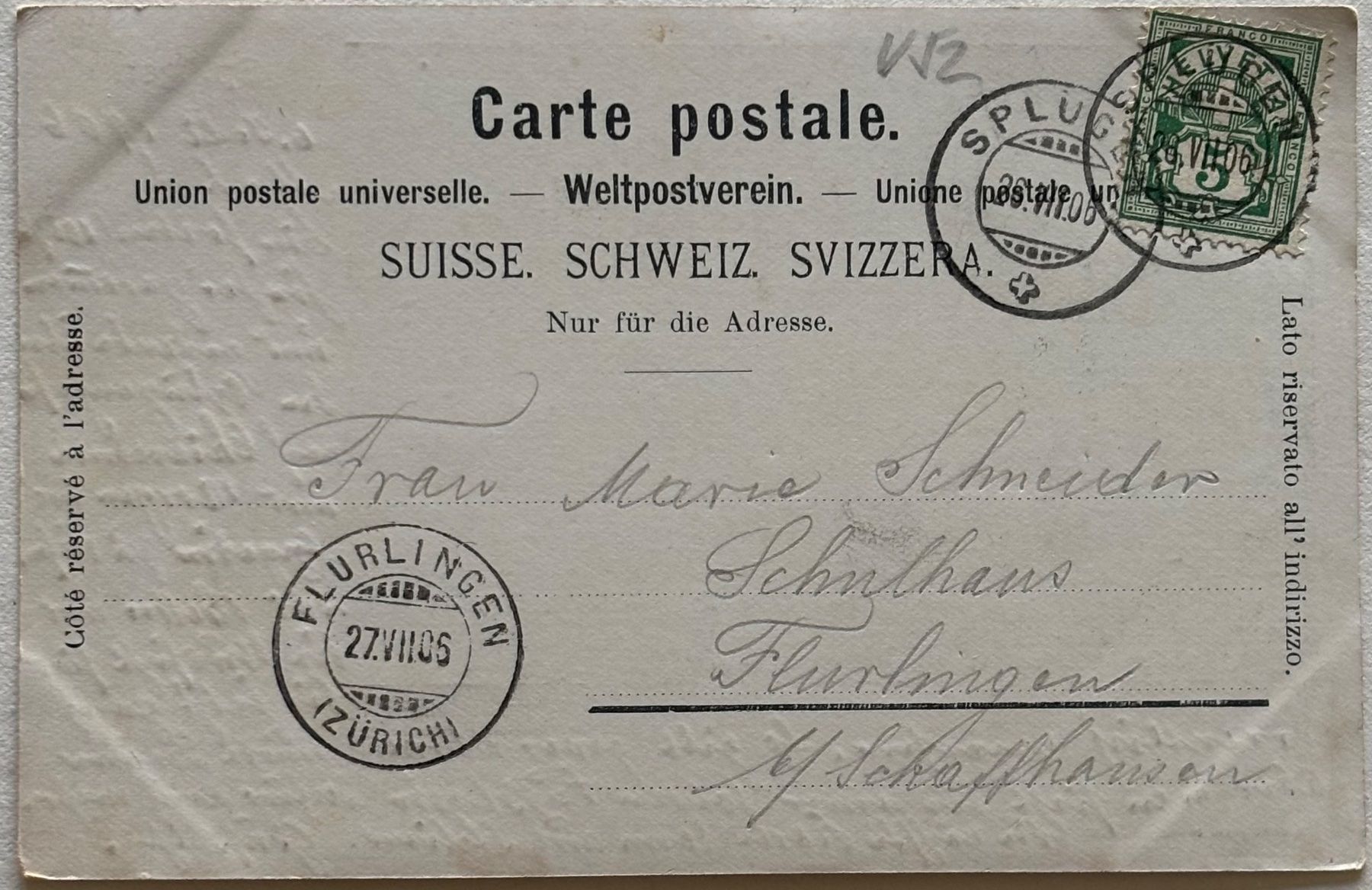 Cartoline postali: Splügen von Simon Tanner, 1906 – Usato da Frauenfeld venduto da Merk52 1