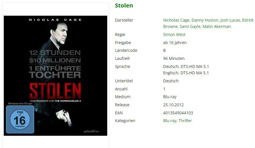 Tutti i DVDs: Stolen (Bluray) – Usato da Buchrain venduto da Sssschaller