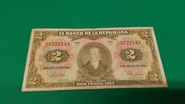 Kolumbien 2 Pesos Oro Banknote von 1. Januar 1955, Top!