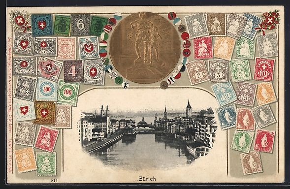 Ansichtskarten: Zürich, Teilansicht im Briefmarken-Pass – Gebraucht aus Berlin von bartko-reher