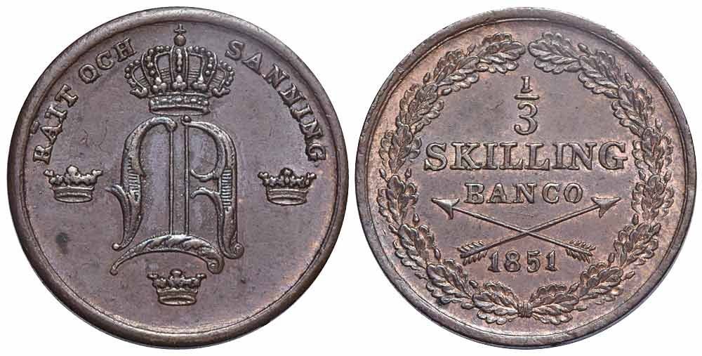 Tutti le monete: Schweden, 1/3 Skilling 1851 – Usato da Chiasso venduto da Novamarketing