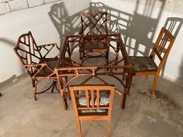 Rattan-Set aus Tisch inkl.Glasplatte & 2Holzstühle