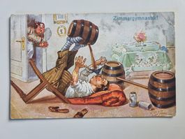 Carte postale vintage satirique, Zimmergymnastik, 1933.
