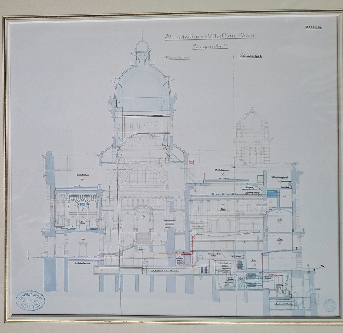 Grafica & Litografie: Bundeshaus Bern, Bauplan, Längsschnitt, Sulzer, Litho, antik – Usato da Herisau venduto da Saentis1 6