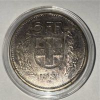 Schweiz 5 Franken 1931 Silbermünze,