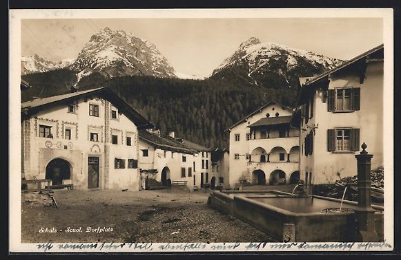 Cartoline postali: AK Schuls, Scuol, Dorfplatz, 1927 – Usato da Berlin venduto da bartko-reher