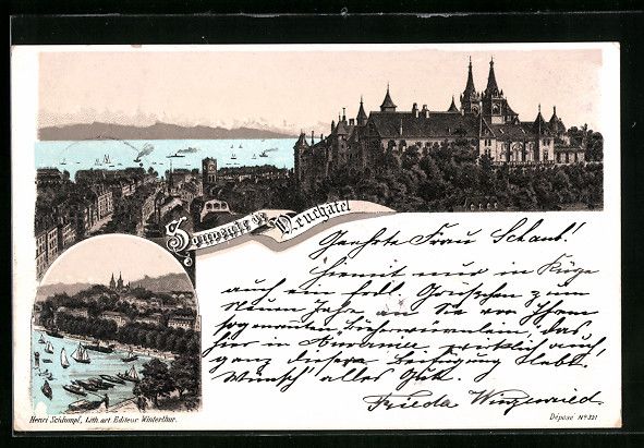 Cartoline postali: Litho Neuchâtel, Ortsansicht mit Schlos – Usato da Berlin venduto da bartko-reher