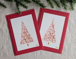 2er Set Weihnachtskarten Handbemalt Christbaum Gold Rot Weiß