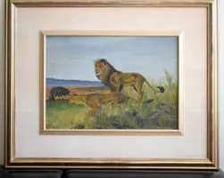 TOP GARTMEIER Löwen-Paar Savanne Ölgemälde antik 1924