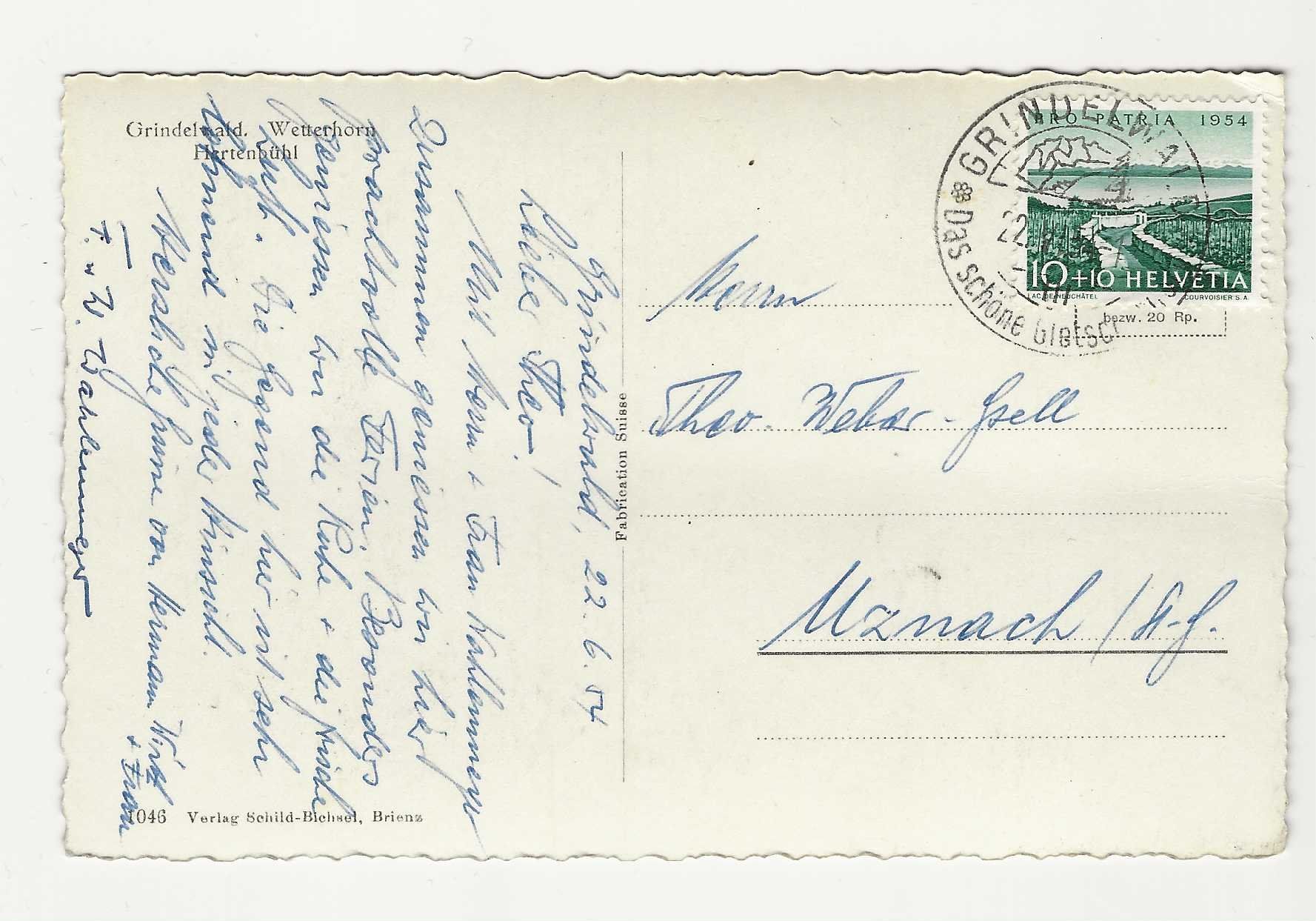 Cartoline postali: GRINDELWALD ,  WETTERHORN   1954 – Usato da Küttigen venduto da rolypo 1