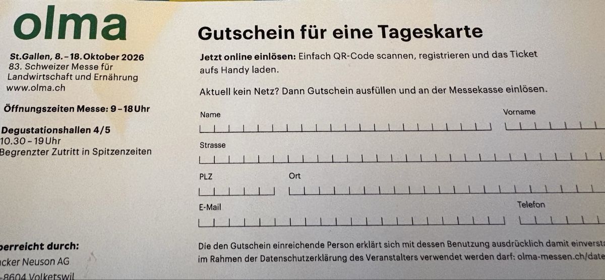 Billets: Olma Tageskarte Eintritt – Neuf (Voir description) à Kesswil par Nicole220870