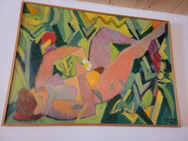 Peinture abstraite, femme nue allongée, signée, 100x72cm