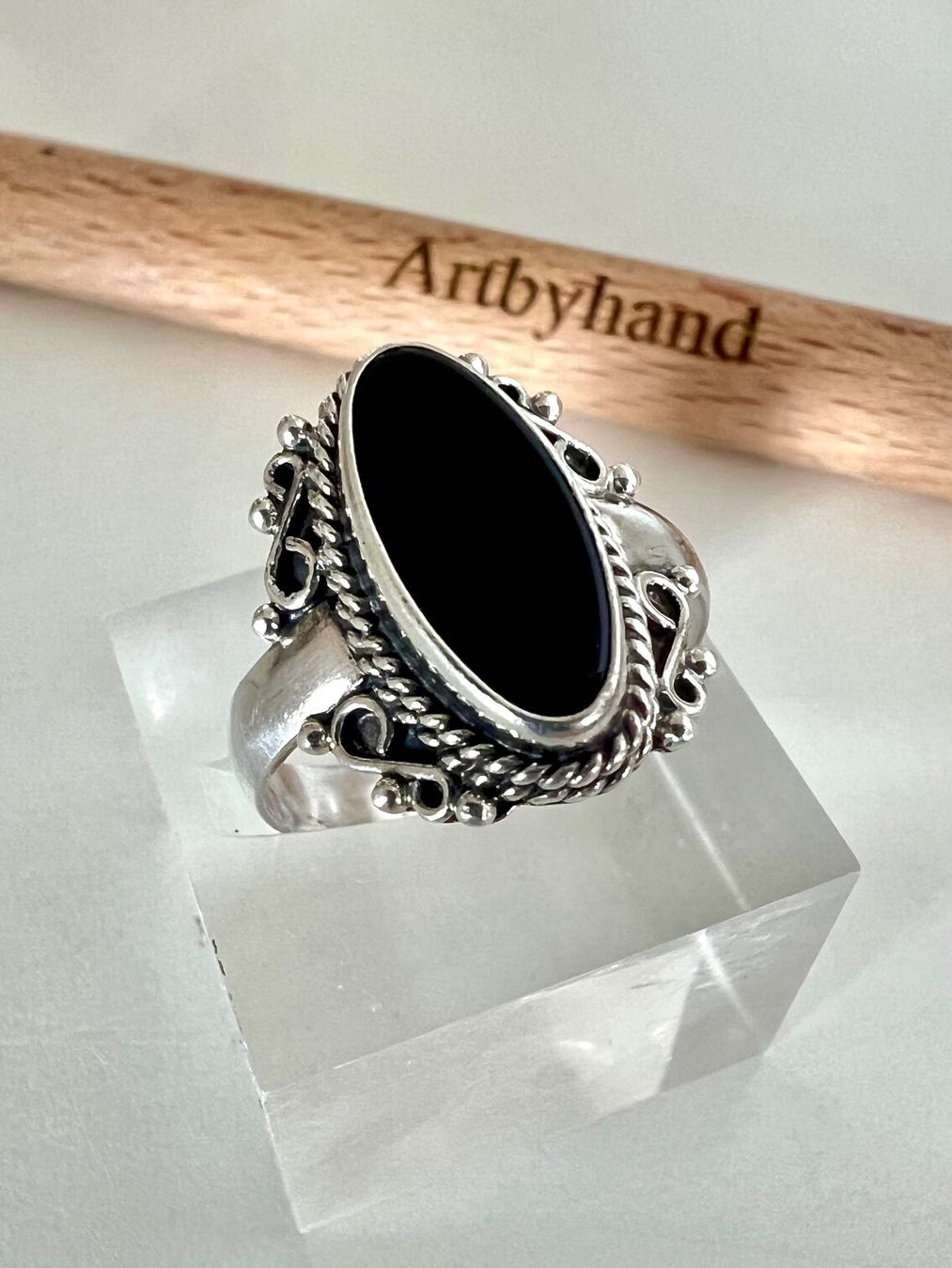 Anelli: Vintage Silber Ring mit Onyx Cabochon in Schiffchenform G59 – Usato da Ruswil venduto da artbyhand 2