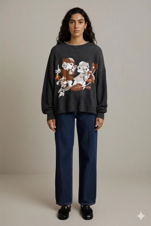 Vintage Octave Polo Tricot Grauer Pullover mit Welpen-Design