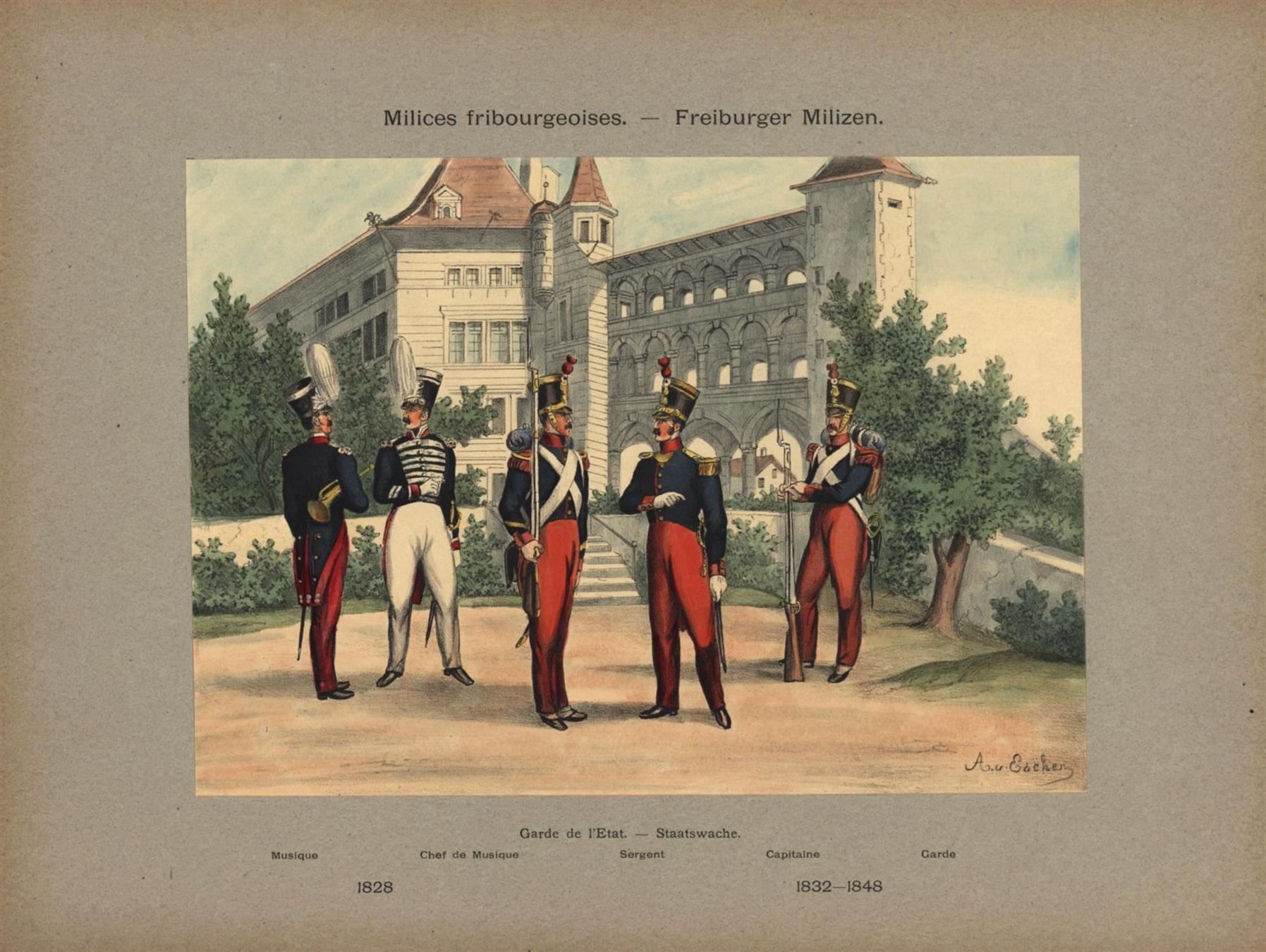Gravures: Fribourg  Militär Lithographie – D'occasion à Rafz par Helvet32