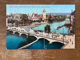 AK Zürich Bahnhofbrücke mit Bahnhof, Tram 1911