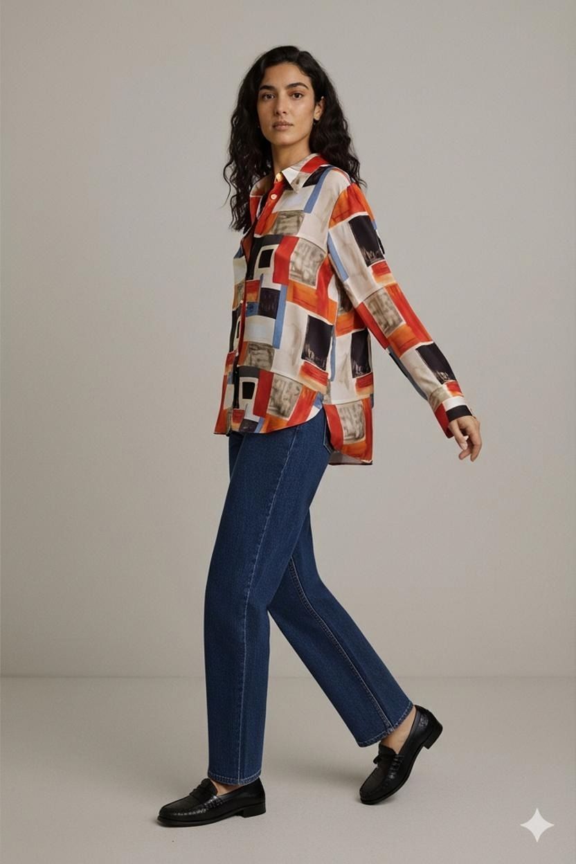 Camicette: C&A Bluse mit geometrischem Muster - Buntes Button-Down-Hemd – Usato da Zug venduto da vinokilo