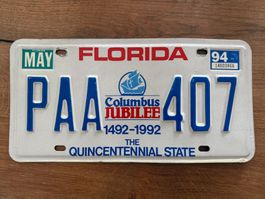 FLORIDA COLUMBUS JUBILEE 1492-1992 NUMMERNSCHILD PLATE