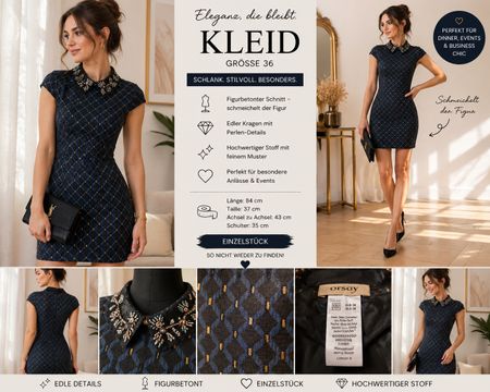 Elegant Kleid Gr S XS 36 Blau Schwarz Figurbetont 6000 Etui 