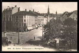 AK St. Gallen, Theaterplatz und Marktgasse aus der Vogelscha