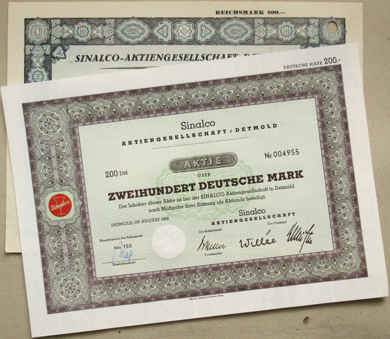 Documenti: original SINALCO AKTIENGESELLSCHAFT DETMOLD 1928 + 1966 – Usato da Lohn-Ammannsegg venduto da rrrikko