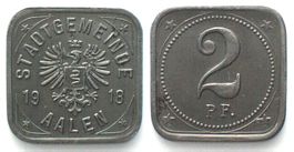 AALEN (Württemberg) 2 Pfennig 1918, Eisen, Adlerbreite 10mm