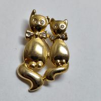 Broche vintage duo chats dorés yeux strass #C2