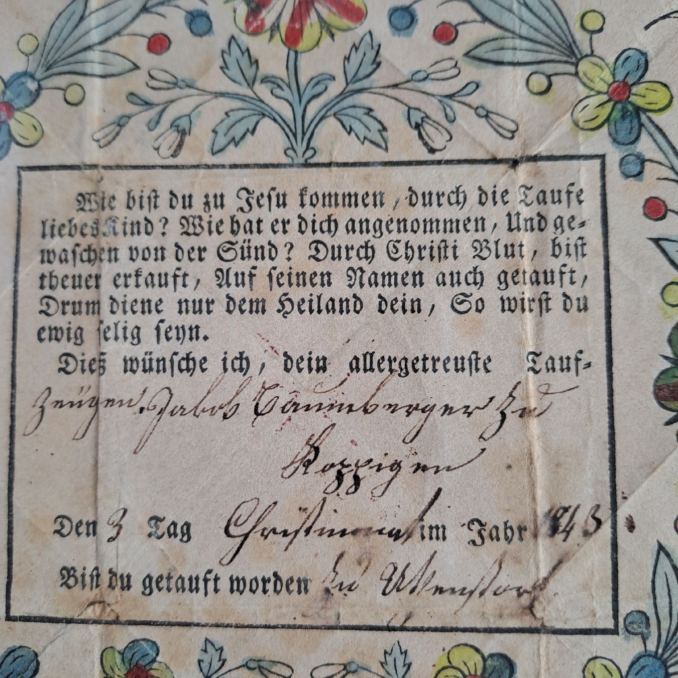 Documenti: Antik Taufzettel  1843 - Gefaltet,  Eingerahmt – Usato da Adliswil venduto da globill 6