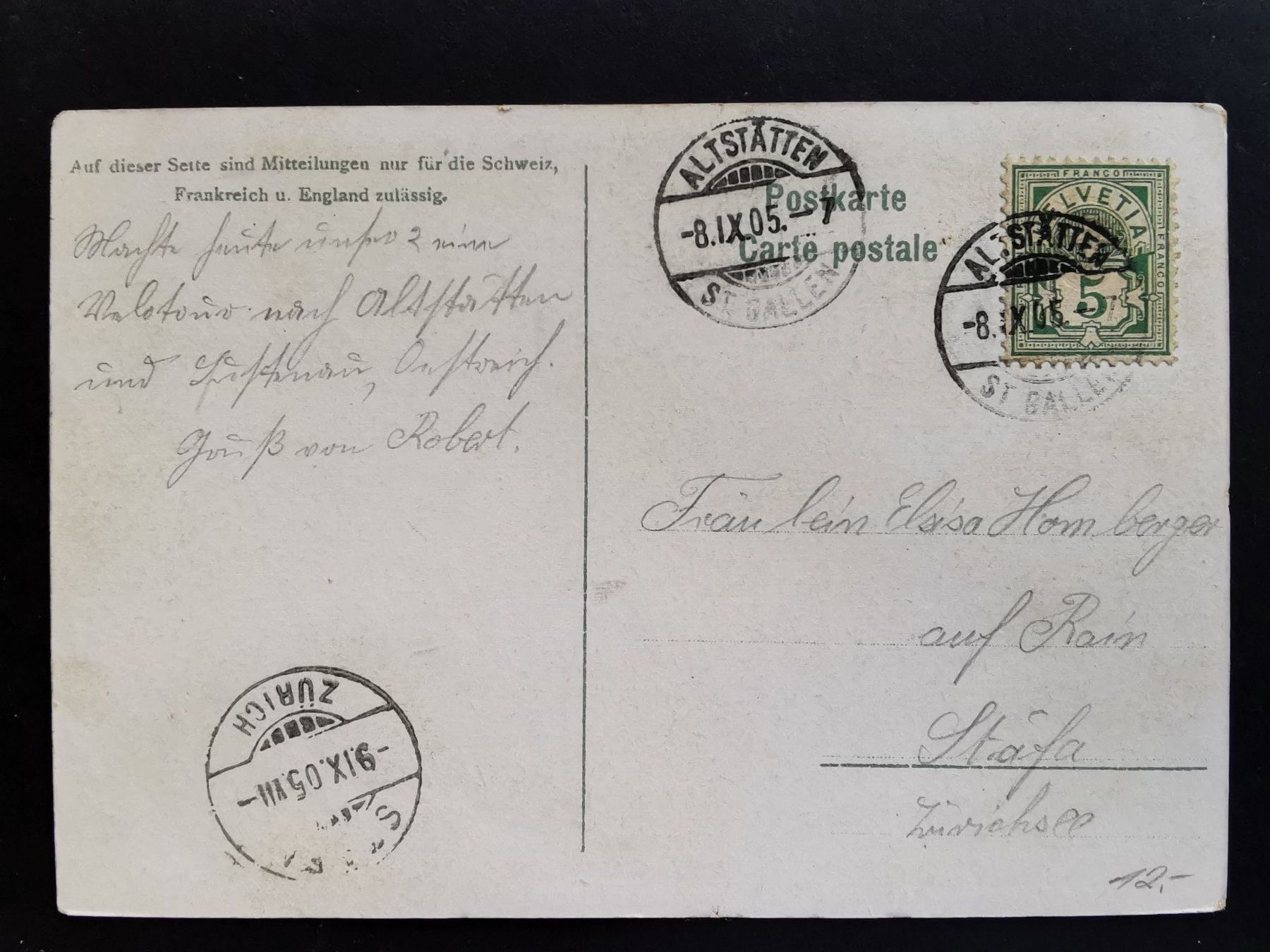 Ansichtskarten: Rheintal  Altstätten  Ansichtskarte  1905 – Gebraucht aus Rheineck von kat_7gld 1