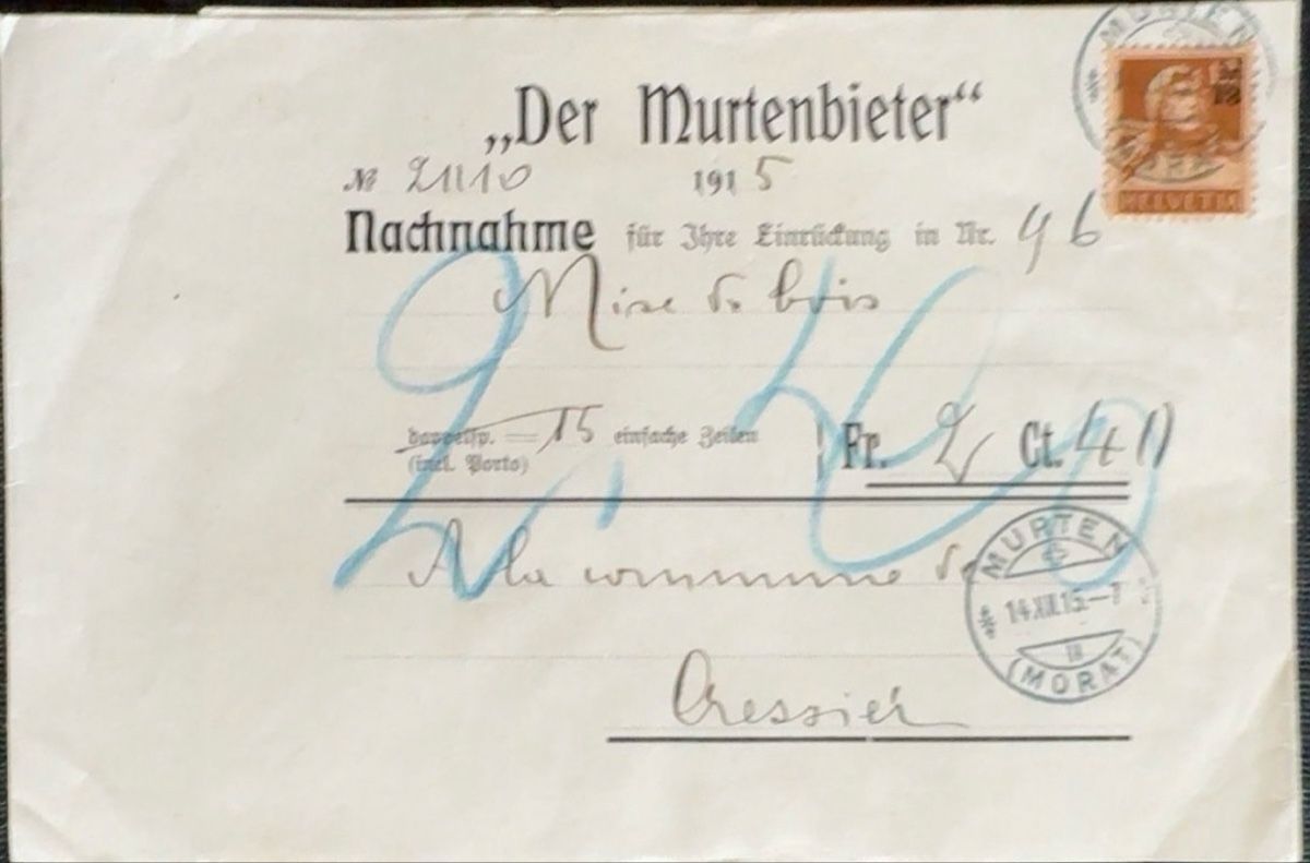 Tutti i francobolli: Briefumschlag Der Murtenbieter 1915 – Usato da birsfelden venduto da tim0444