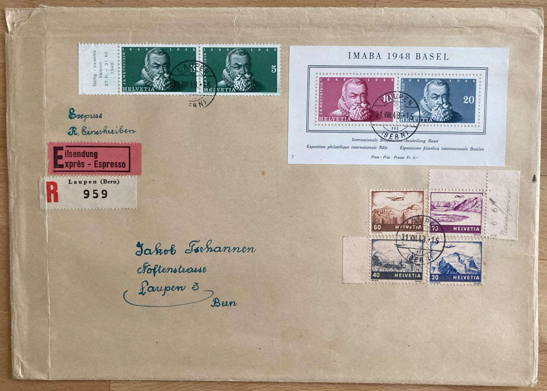 Tutti i francobolli: R-Eilsendung mit Imaba Block 1948 W31 und Flugpost – Usato da Flawil venduto da Furti