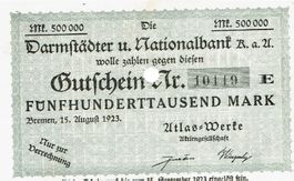 Bremen Atlas Werke 500000 Mark 15.08.1923 VZ+-VZ++