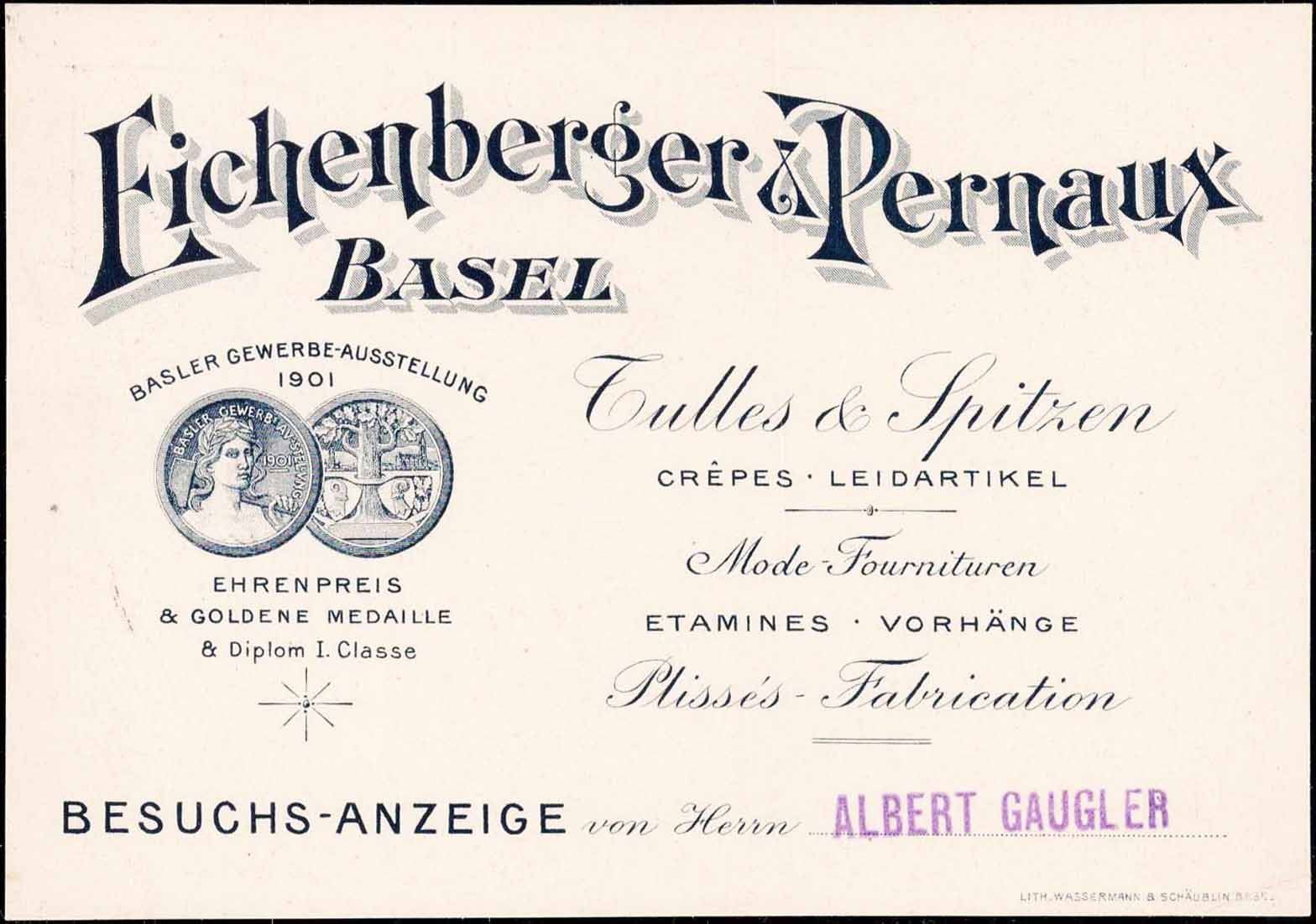 Alle Briefmarken: 1908 BASEL Eichenberger & Pernaux, Tulles & Spitzen Litho-PK – Gebraucht aus Aesch BL von toffifee09