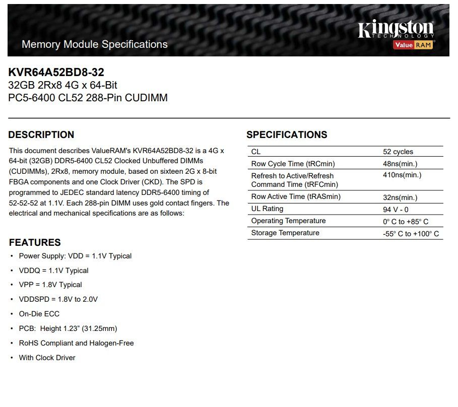 Kingston Memoria / RAM: Kingston DDR5-6400 64 GB CUDIMM – Nuovo (secondo la descrizione) da Galmiz venduto da Vual 3