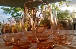 Vintage Rosalin Glas Set UV-aktiv (Cadmium/Selen) – 7-tlg.