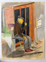 Pastellzeichnung "Mann vor der Tür" signiert E.P. 1939.