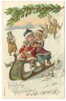 Fröhliche Weihnachten - Kinder beim Schlitteln - Präge-Litho