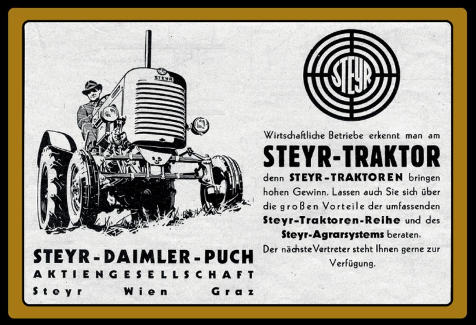 Steyr Insegne: Blechschild-STEYR-DAIMLER-PUCH-AGRARSYSTEME – Usato da Rupperswil venduto da big-one-sale