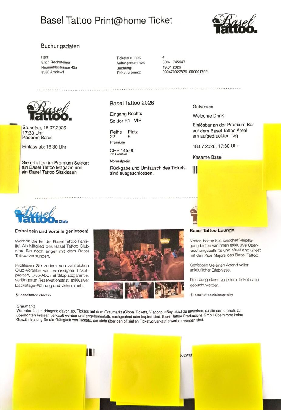 Biglietti: Basel Tattoo 2x Ticket Premium, Samstag 18.07.2026 – Nuovo (secondo la descrizione) da Amriswil venduto da Reloaded 1