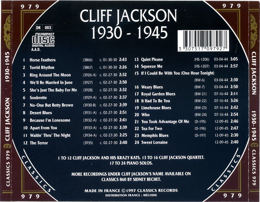 CD: Jazz-CD:  Cliff Jackson 1930 - 1945  (Classics) – Usato da Hochfelden venduto da mue_lhm9 3