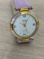 Edox Damenuhr, neuwertig, lila Lederarmband, Goldakzente