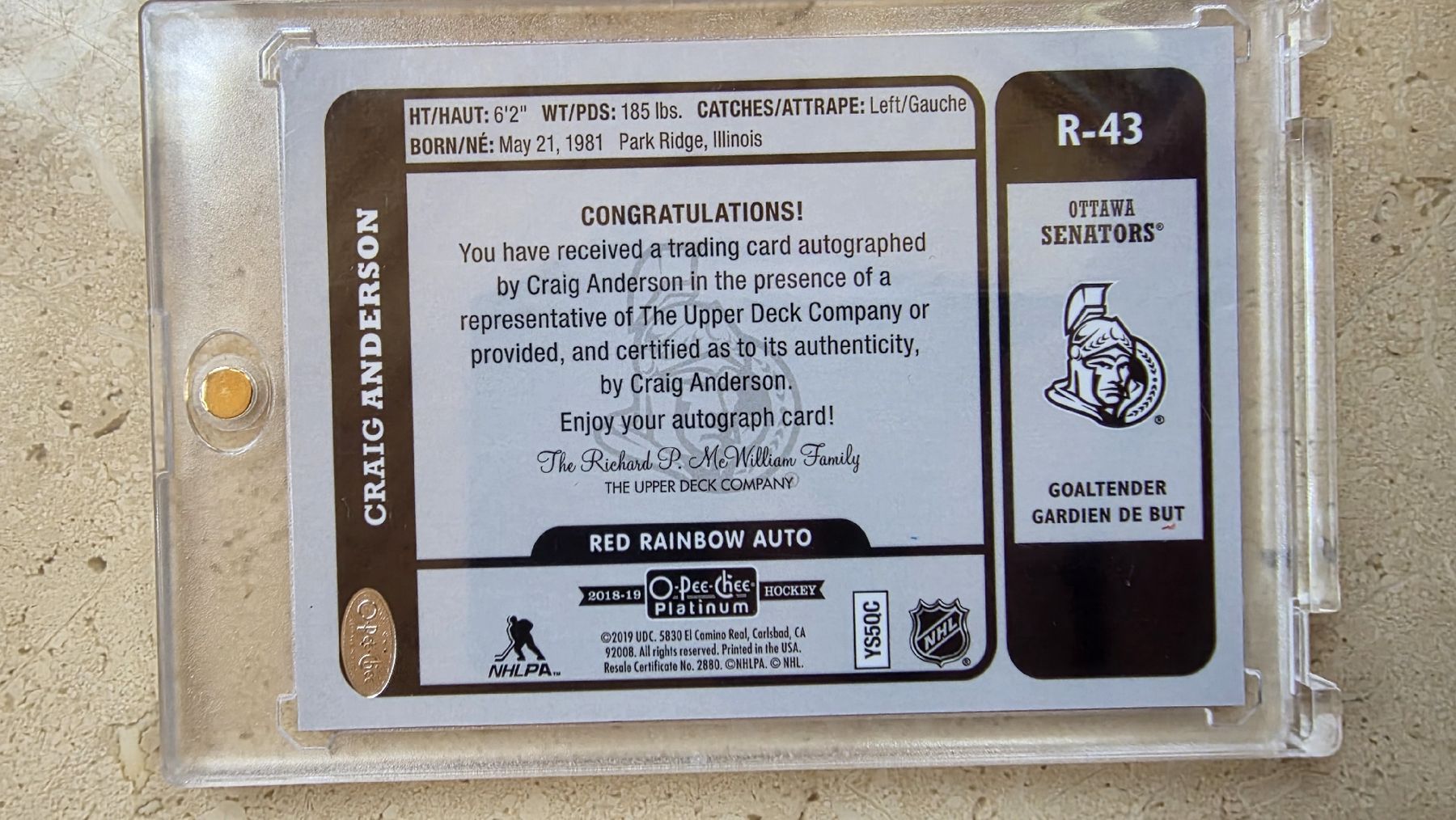 NHL Carte collezionabili: Craig Anderson Ottawa Senators Signed.opc 2018-19 Re – Nuovo (secondo la descrizione) da Boltigen venduto da Calagero 1