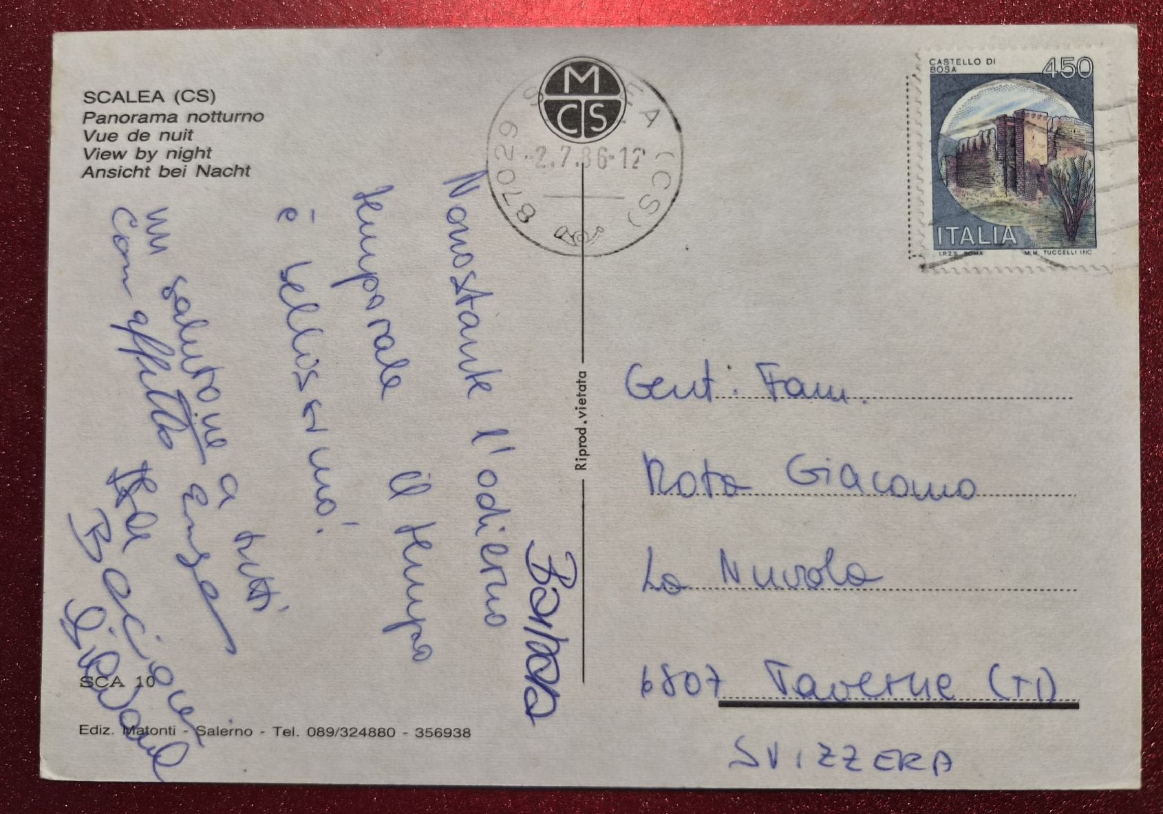 Cartoline postali: SCALIA (CS) Panorama Notturno 1986 – Usato da Melchnau venduto da Arthurius 1