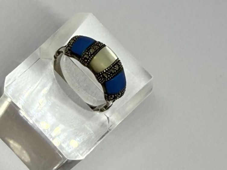 Anelli: Vintage Silberring mit Markasiten, Türkis/Perlmut. Gr. 56 – Usato da St. Gallen venduto da GIULESGG 2