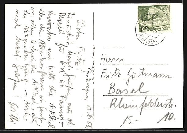 Cartoline postali: AK Castasegna, Panorama mit Bergen, 1955 – Usato da Berlin venduto da bartko-reher 1