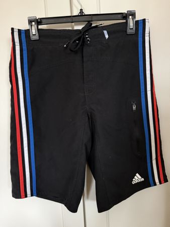 Adidas swim shorts, black with red, white & blue stripe.