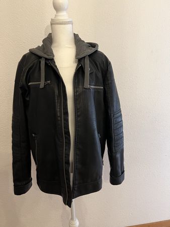 Schwarze D-Herren LİVERGY Jacke in Leder mit Kapuz, Grösse L