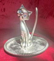 Schmuckhalter Katze mit blauem Stein und Tablett versilbert