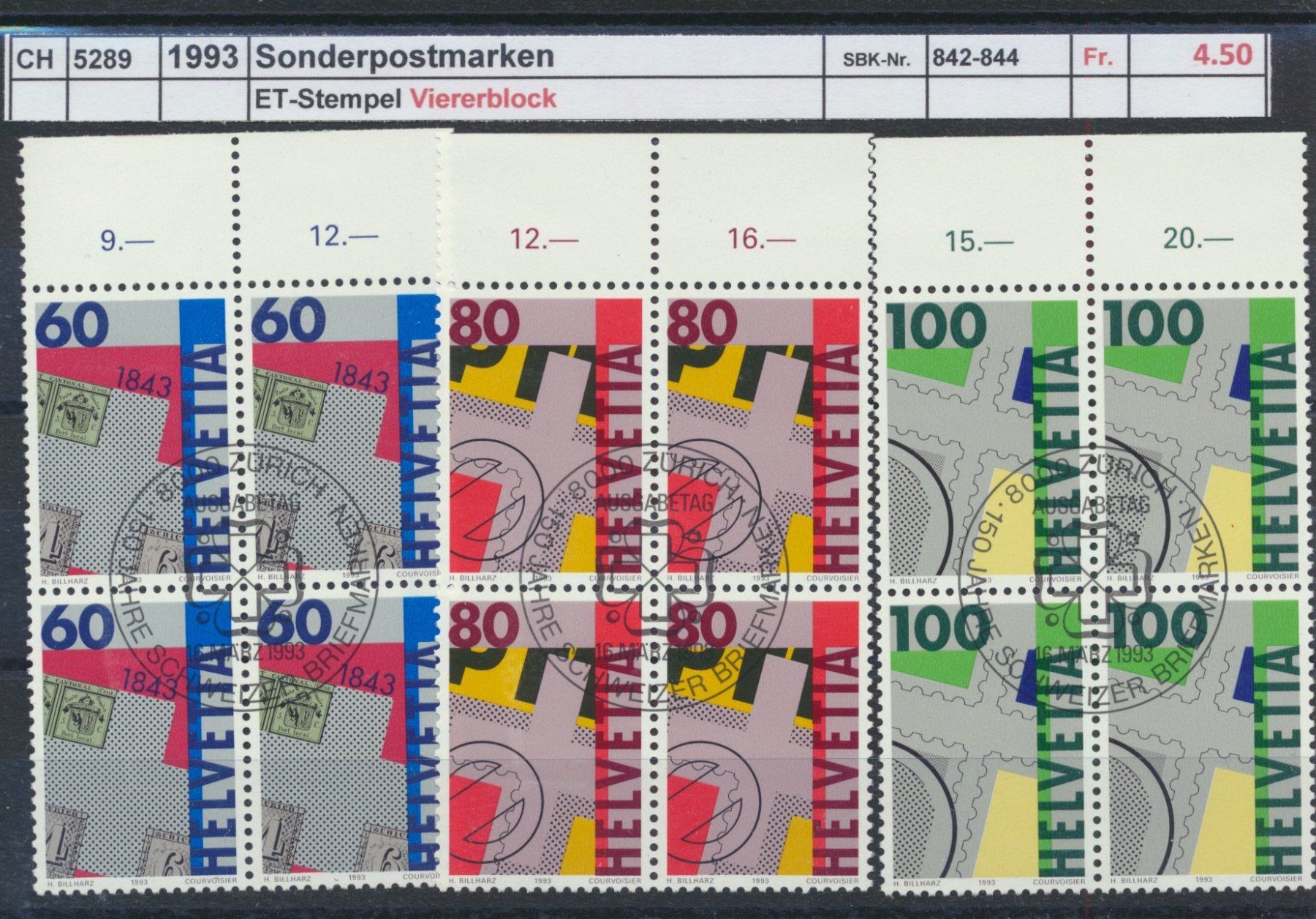 Tous les timbres: 1993 "Sonderpostmarken", Viererblock, ET - Stempel – D'occasion à Winterthur par Zupogeru