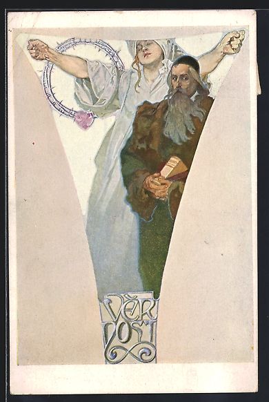 Cartoline postali: Alphonse Mucha: Vernost, Alter Mann mit  – Usato da Berlin venduto da bartko-reher
